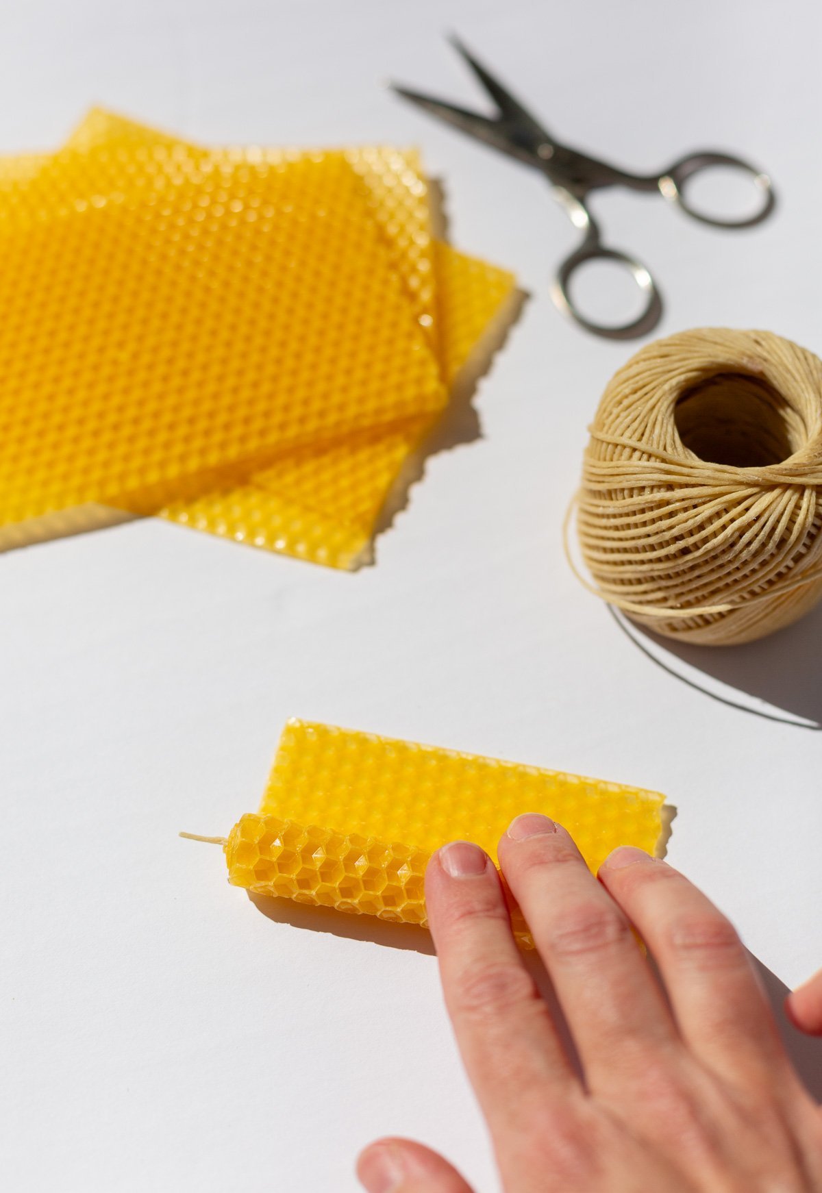 rolling sheets of beeswax to make candles